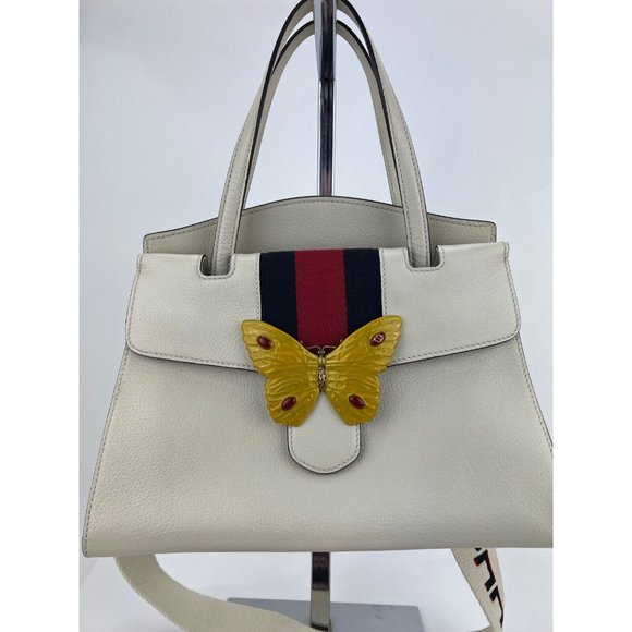 GUCCI Linea Medium Totem Web Stripped Yellow Butterfly Top Handle Bag - Picture 5 of 12